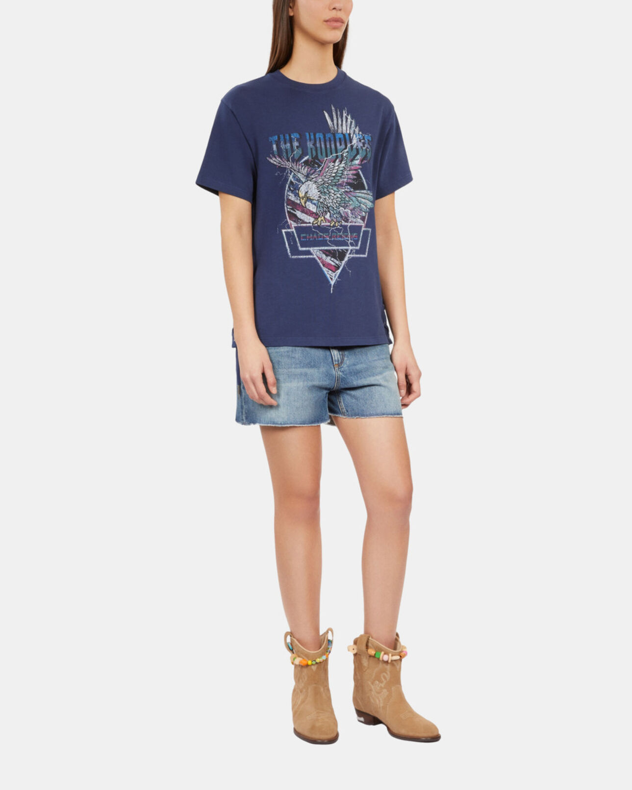 The Kooples MUJER WASHED NAVY camiseta azul marino lazo serigrafía eagle