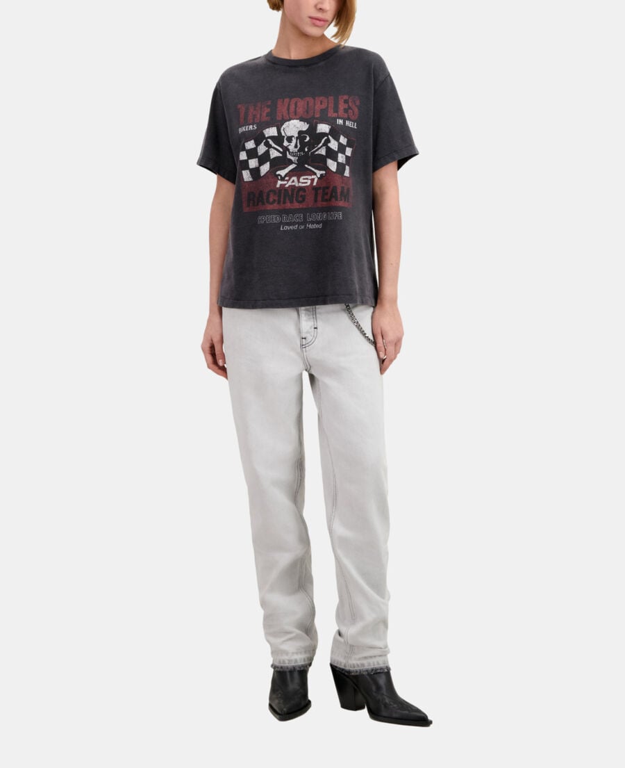 The Kooples DAMEN BLACK WASHED schwarzes t-shirt damen mit racing-skull-siebdruck