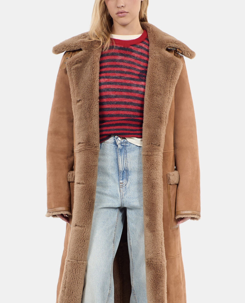 The Kooples WOMEN BROWN long brown shearling coat