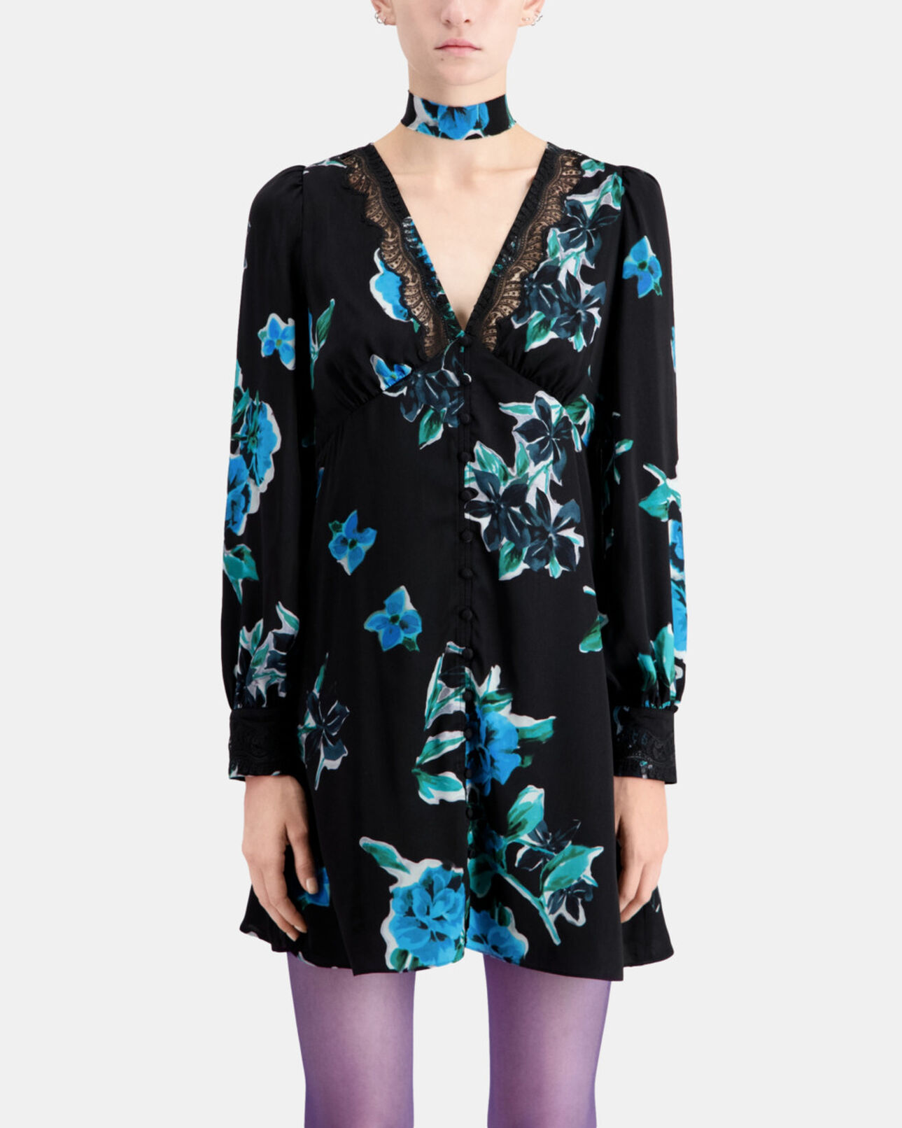 The Kooples FEMME BLACK BLUE robe courte imprimée avec détails en dentelle