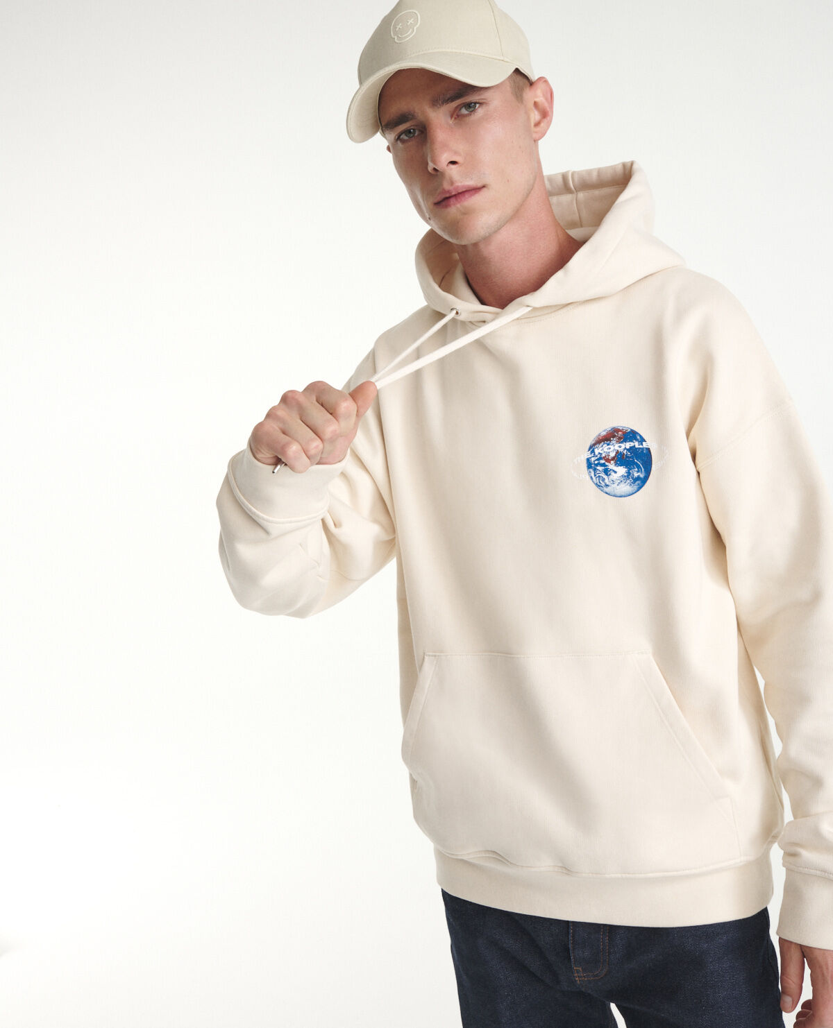 Hooded off white sweatshirt with planet motif