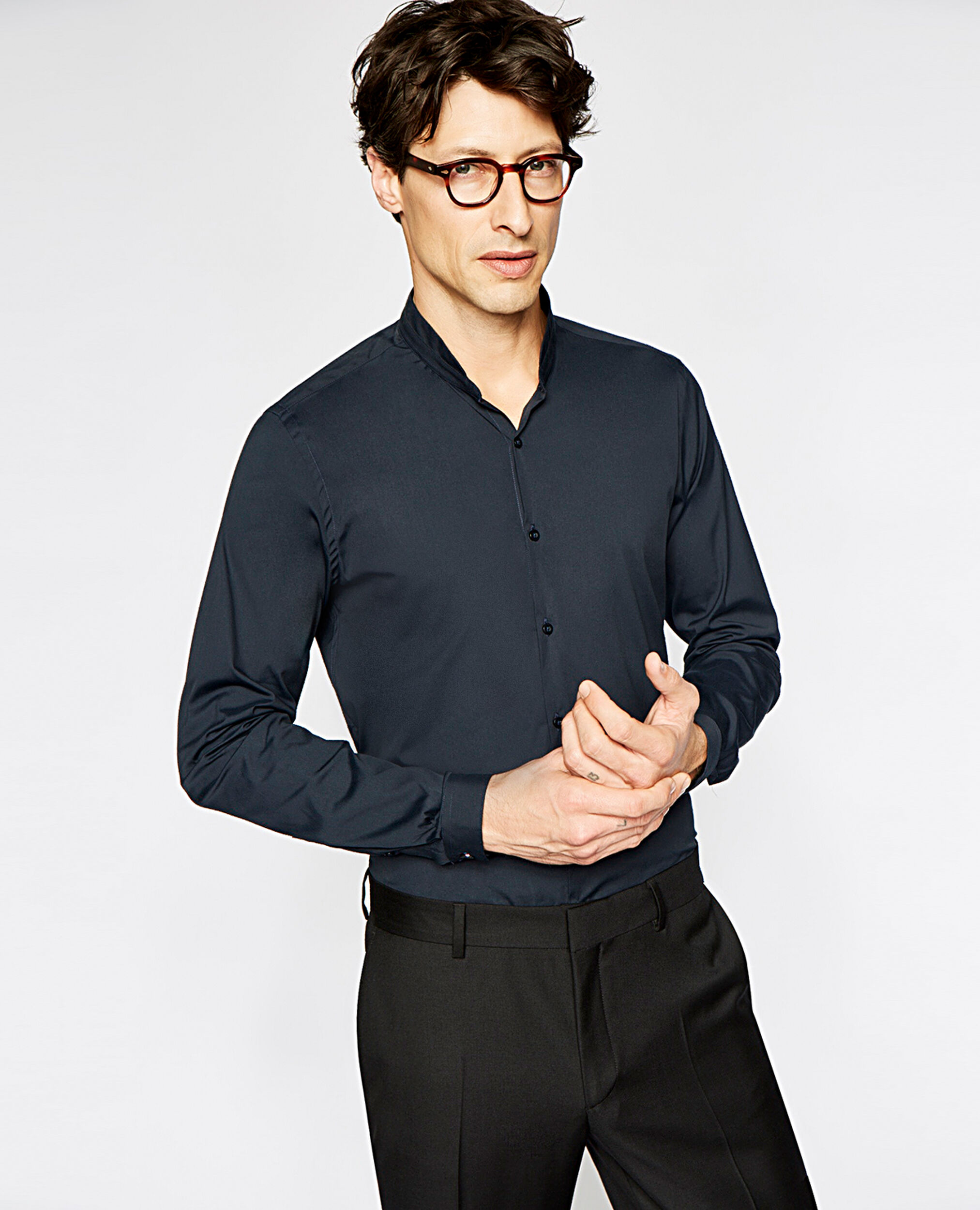 Stretch cotton poplin shirt with a stand-up collar, NAVY, hi-res image number null