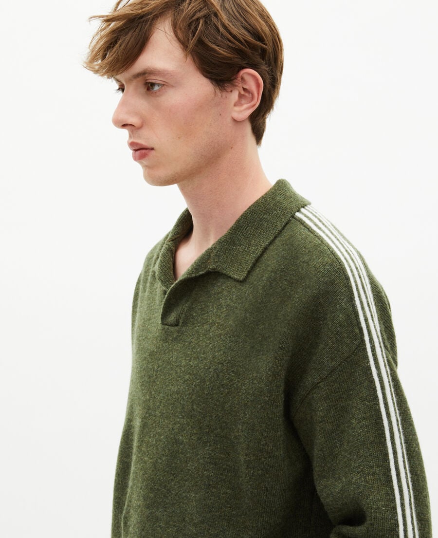 The Kooples MEN GREEN polo neck wool sweater with contrasting khaki stripes