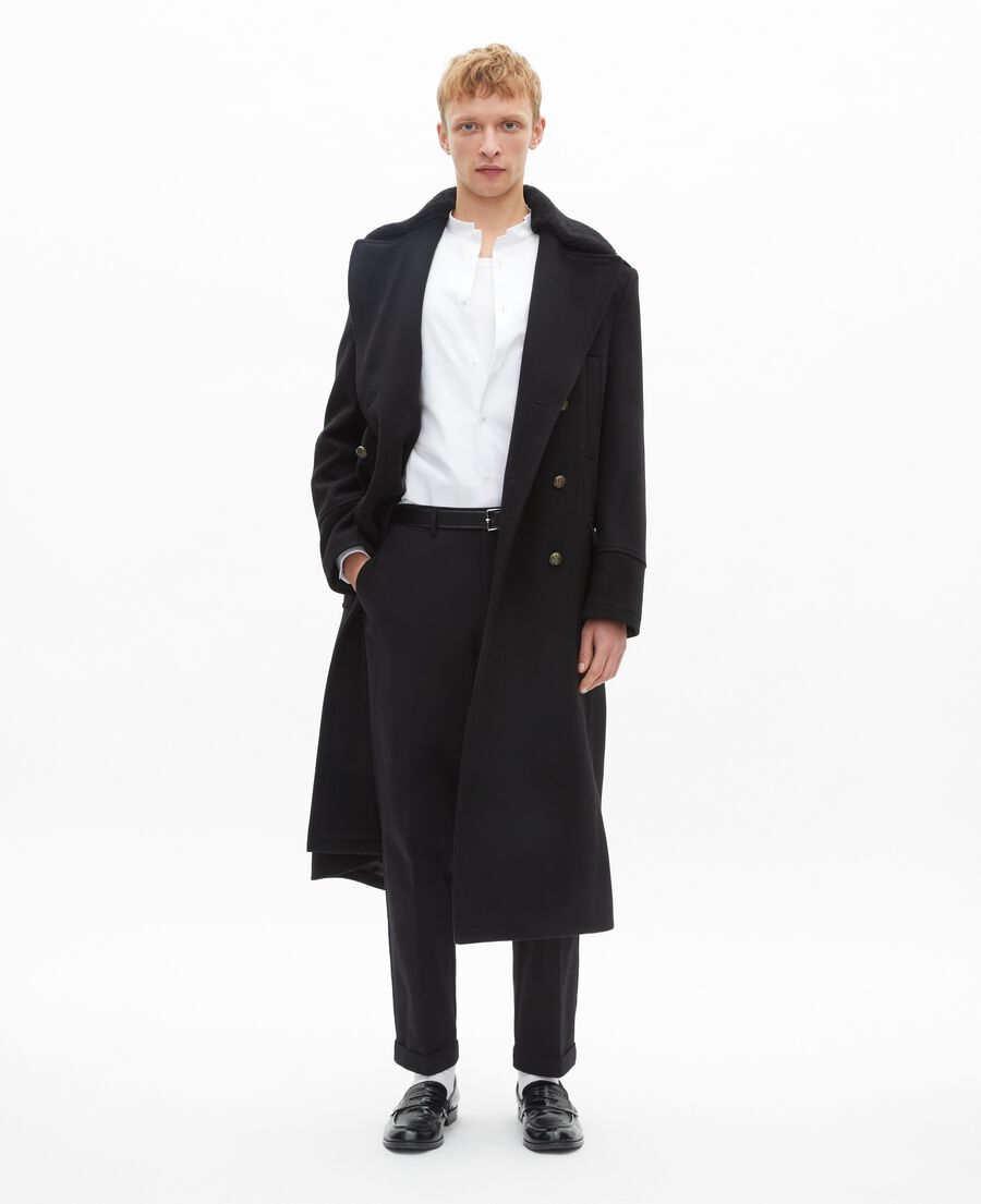 The Kooples MEN BLACK long coat with black sherpa collar