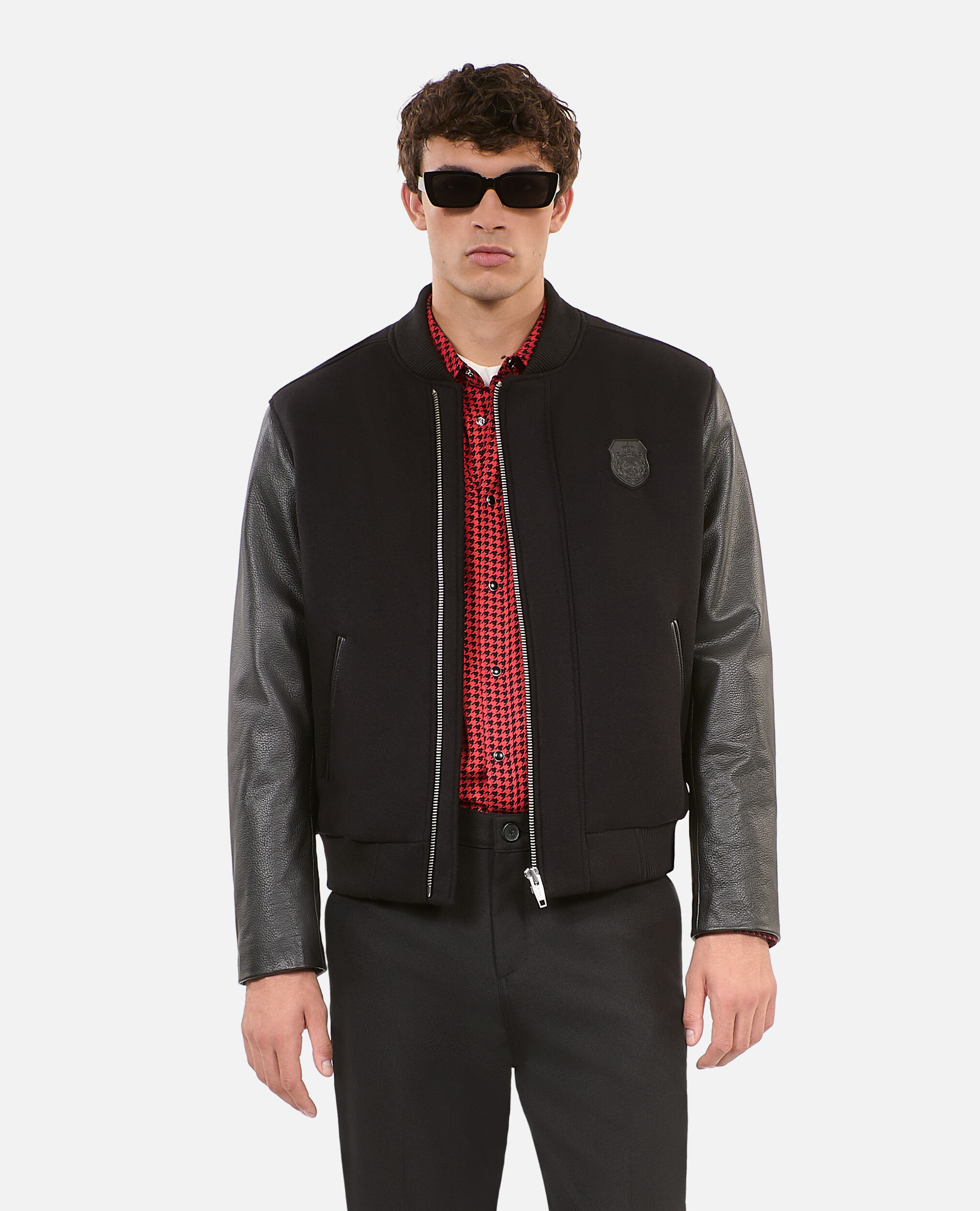 Blouson en laine double face et cuir noir, BLACK, hi-res image number null