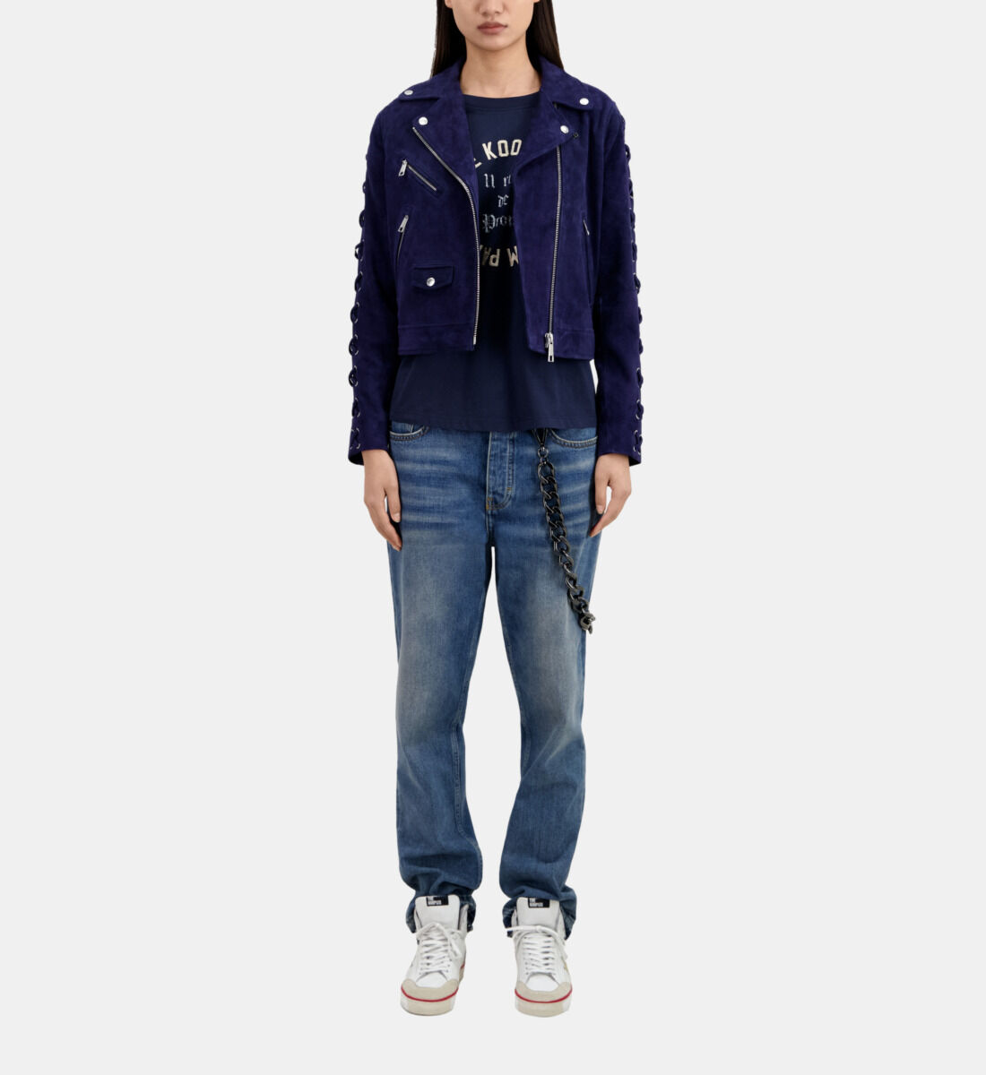 Navy blue suede leather biker jacket
