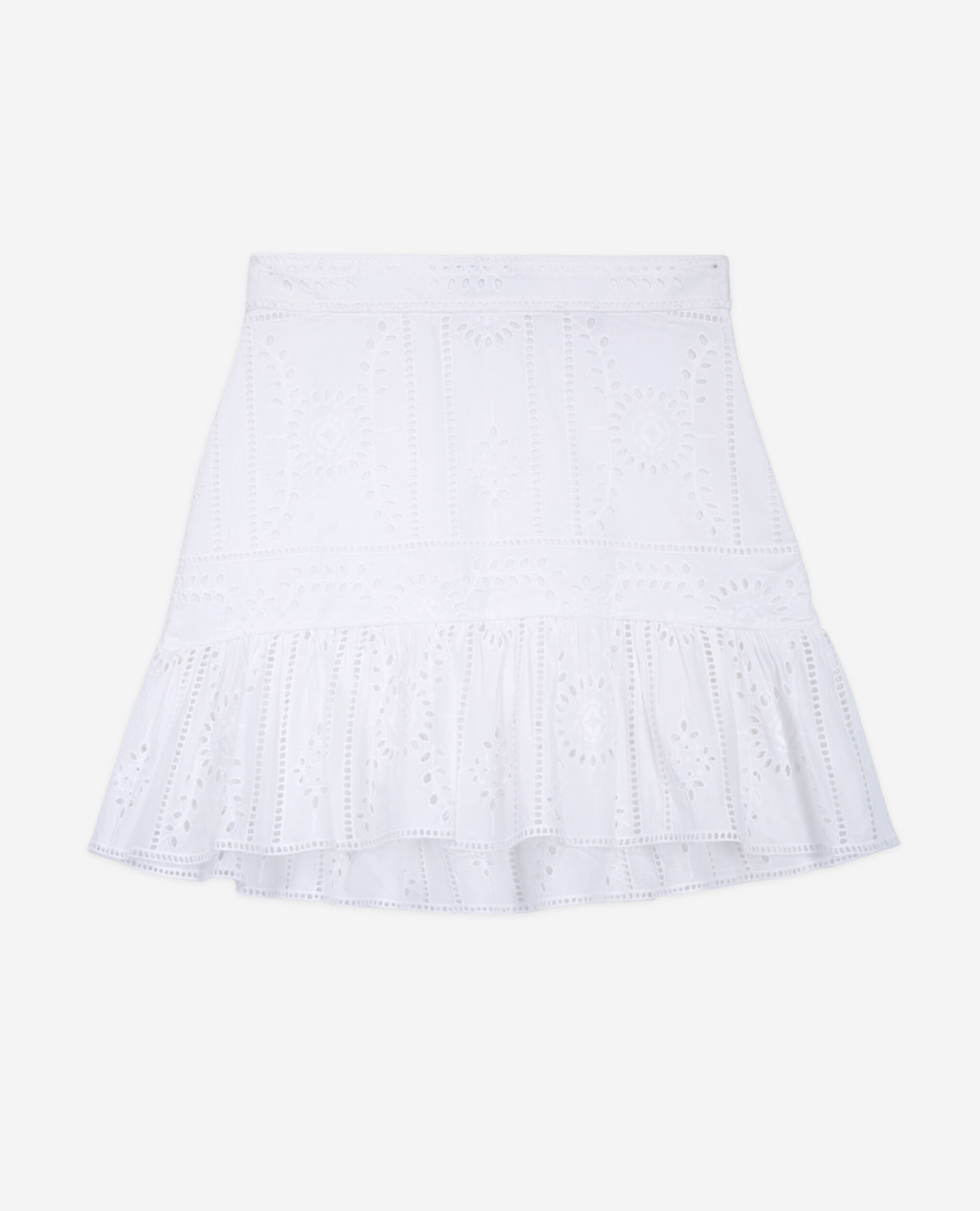 Short white cotton formal skirt w/ embroidery, WHITE, hi-res image number null