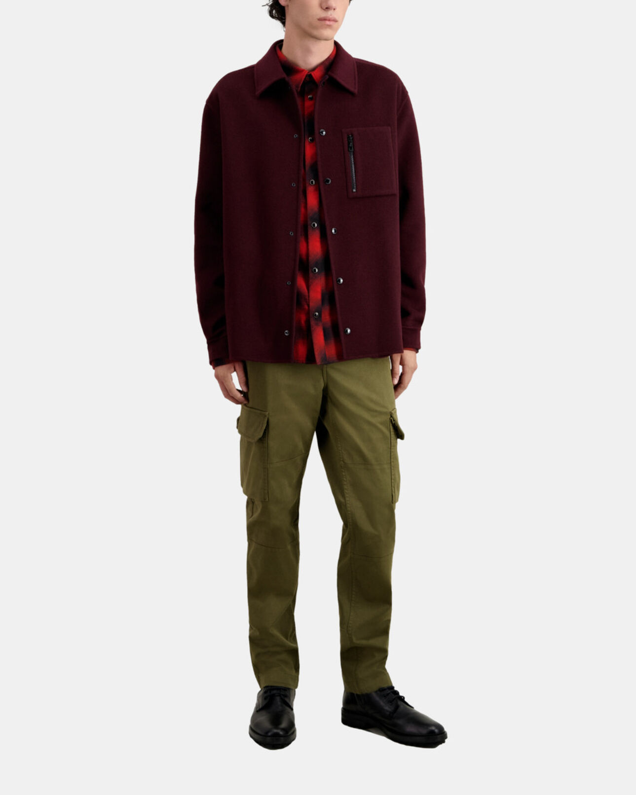 The Kooples MEN BORDEAUX / NAVY burgundy wool-blend overshirt jacket
