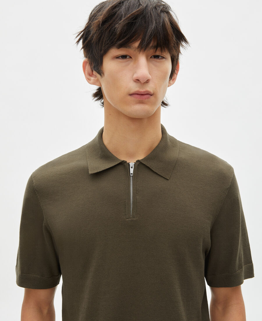 The Kooples H OLIVE KAKI khaki zip-neck mesh polo shirt