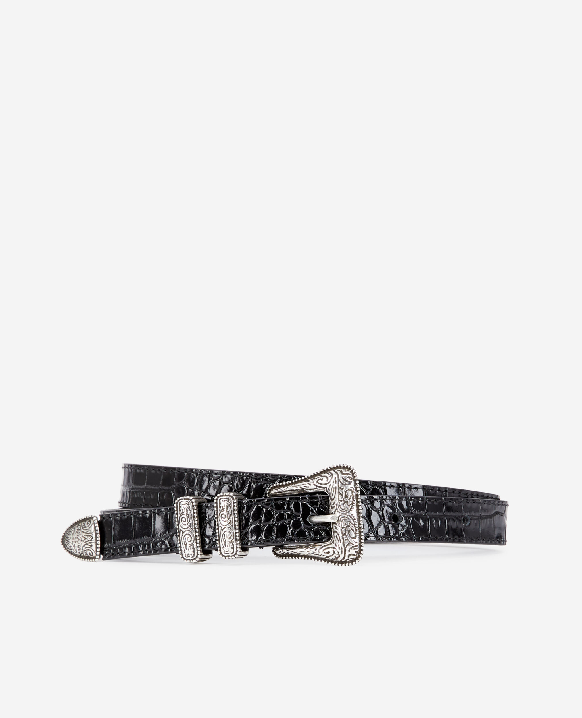 Black crocodile effect leather belt with Western buckle this season s star piece Discover our selection of women s ready to wear on the website and in store