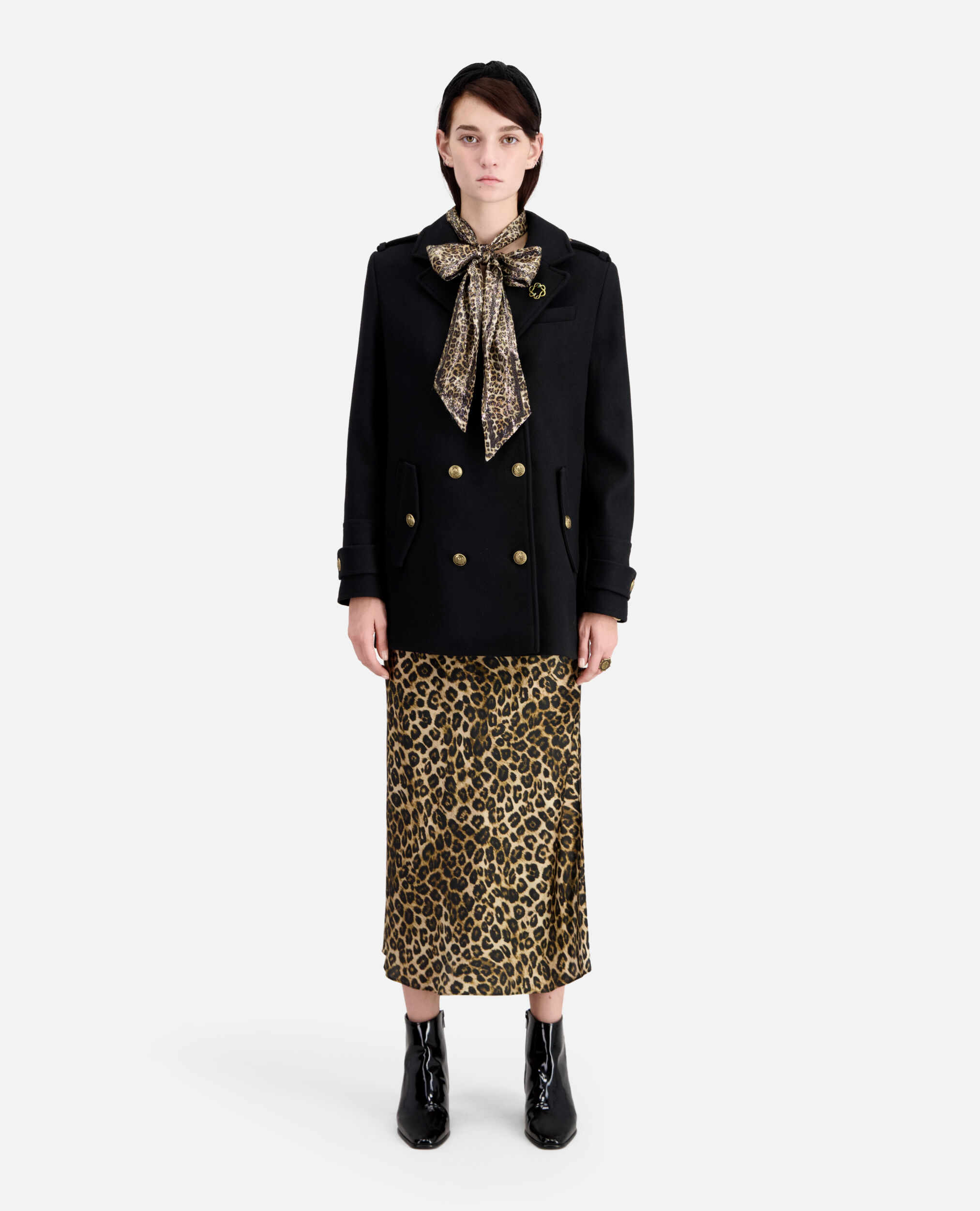 Black wool-blend pea coat, BLACK, hi-res image number null