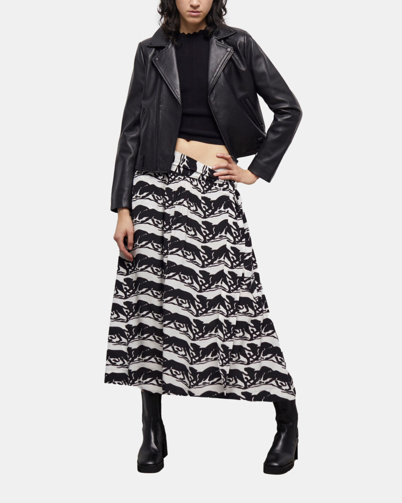 The Kooples WOMEN BLACK / WHITE long printed skirt