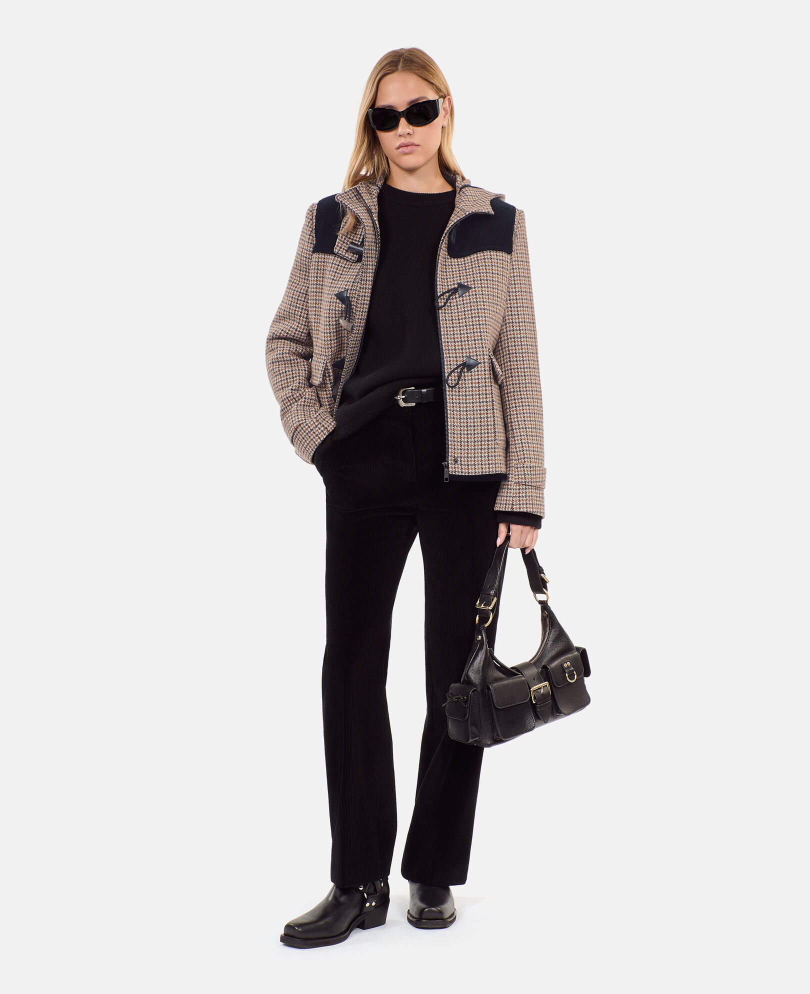 The Kooples FEMME BEIGE-BROWN caban à capuche pied de poule beige