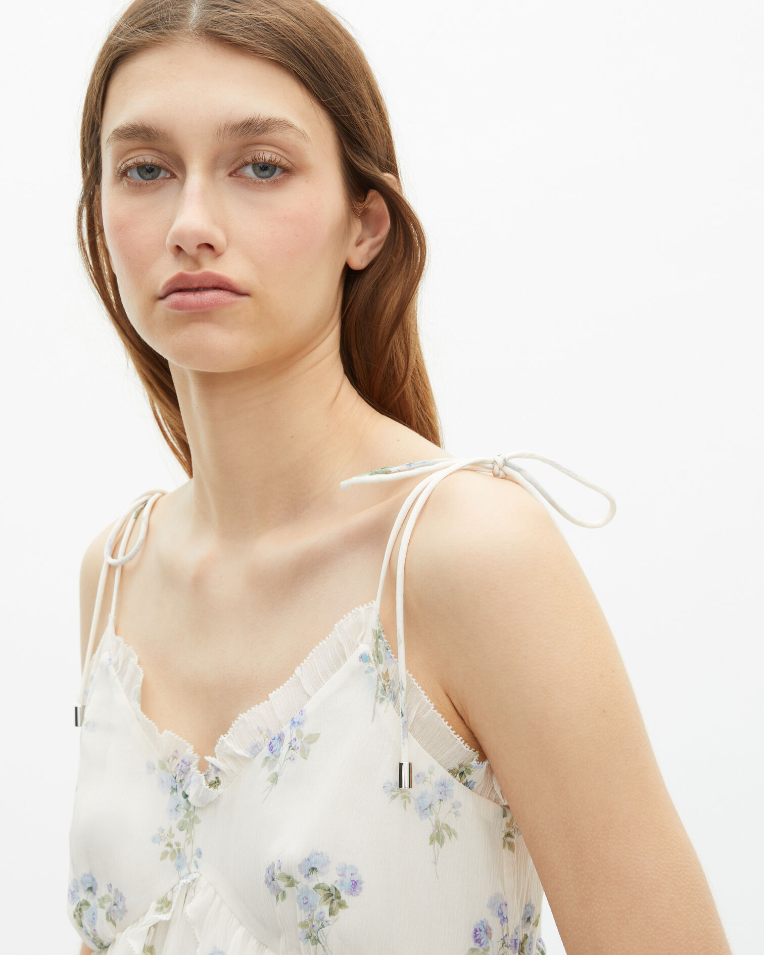 White floral ruffle top, WHITE / SKY BLUE, hi-res image number null