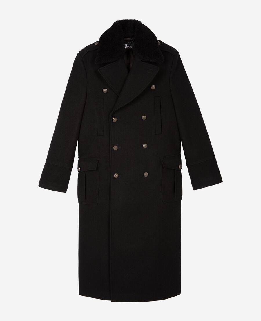 The Kooples MEN BLACK long black wool coat with sherpa collar