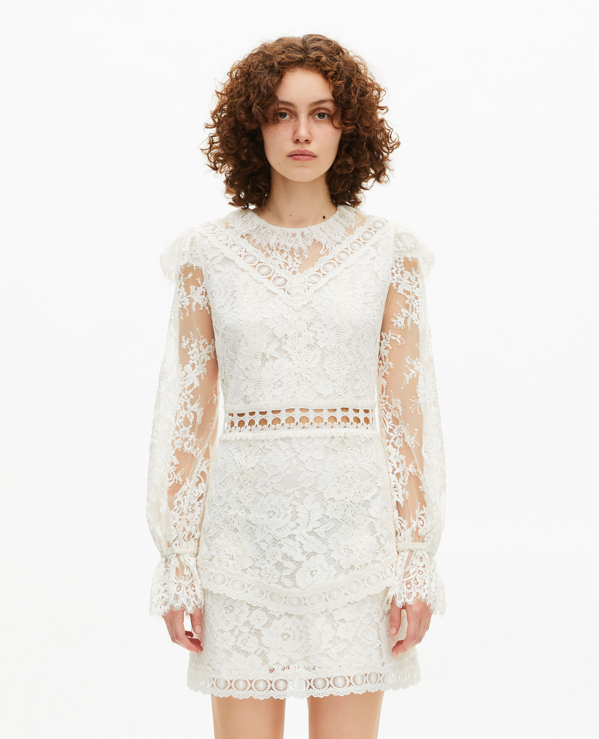 Kurzes Kleid aus ecrufarbener Spitze, WHITE, hi-res image number null