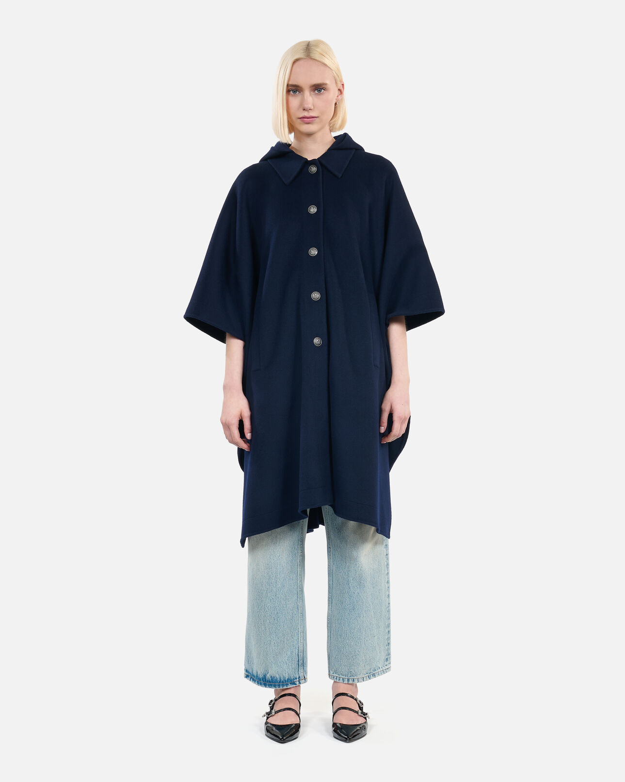 The Kooples FEMME NAVY cape longue à capuche en laine mélangée bleu marine