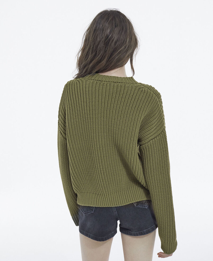 openwork detailing loose-fit khaki cotton sweater