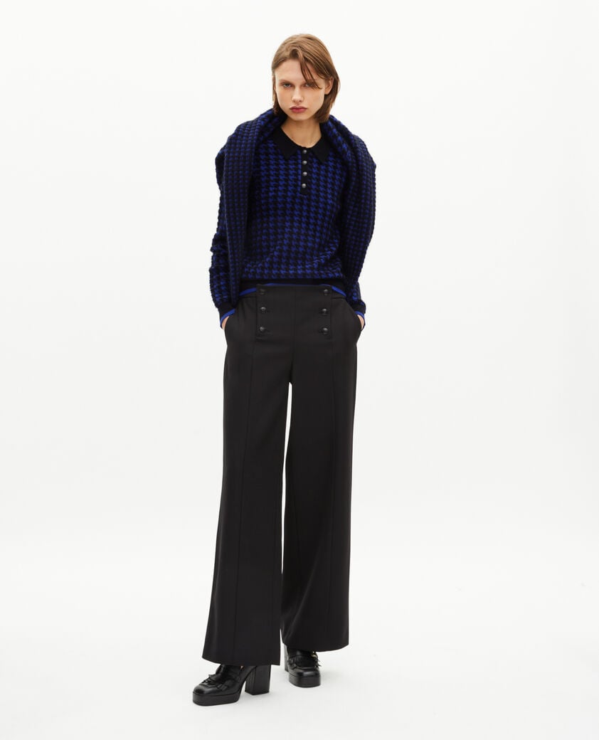 The Kooples WOMEN BLACK NAVY blue wool blend houndstooth polo neck sweater