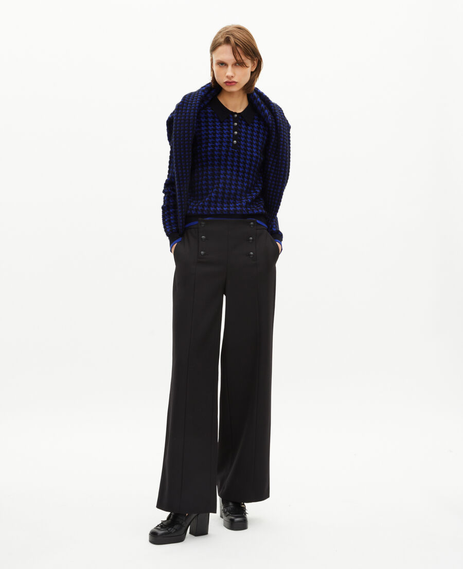 The Kooples WOMEN BLACK NAVY blue wool blend houndstooth polo neck sweater