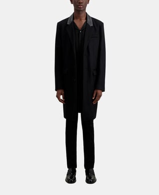 The Kooples H BLACK long black coat in wool blend with leather details