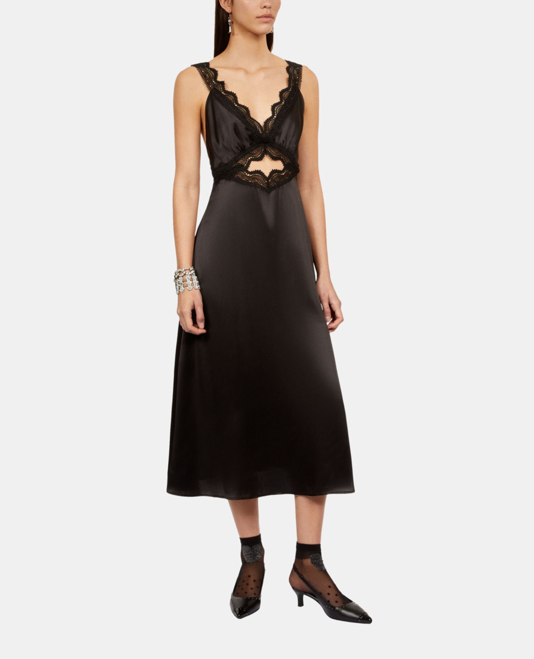 Long black slip dress with guipure, BLACK, hi-res image number null
