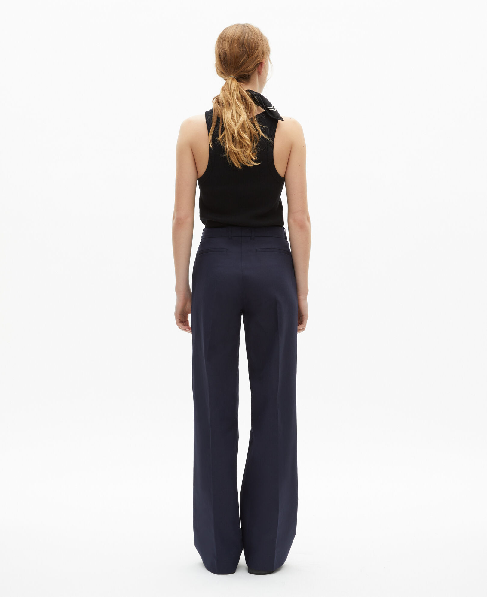 The Kooples WOMEN NAVY straight-cut navy blue cotton and linen flared pants