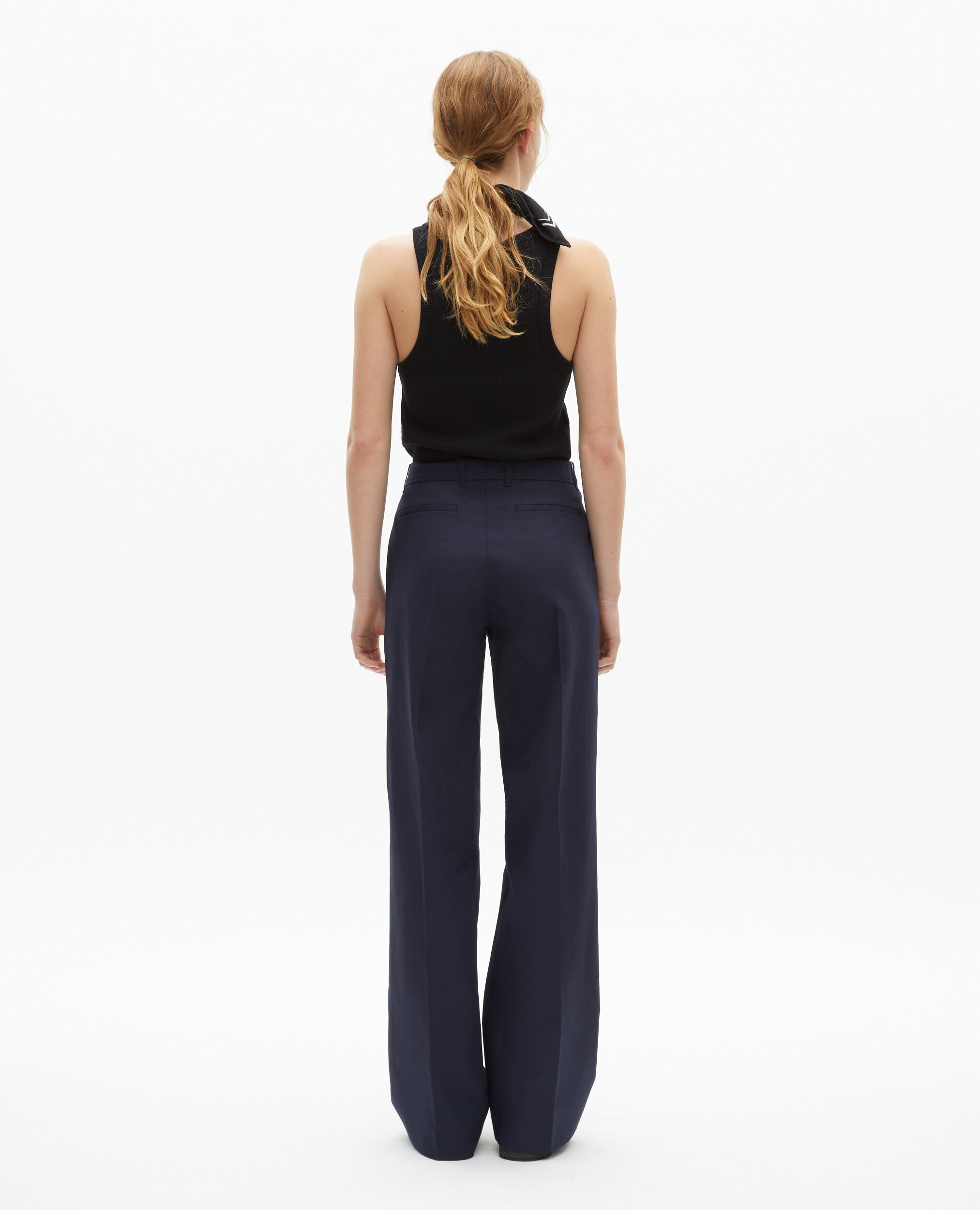 Straight-cut navy blue cotton and linen flared pants, NAVY, hi-res image number null
