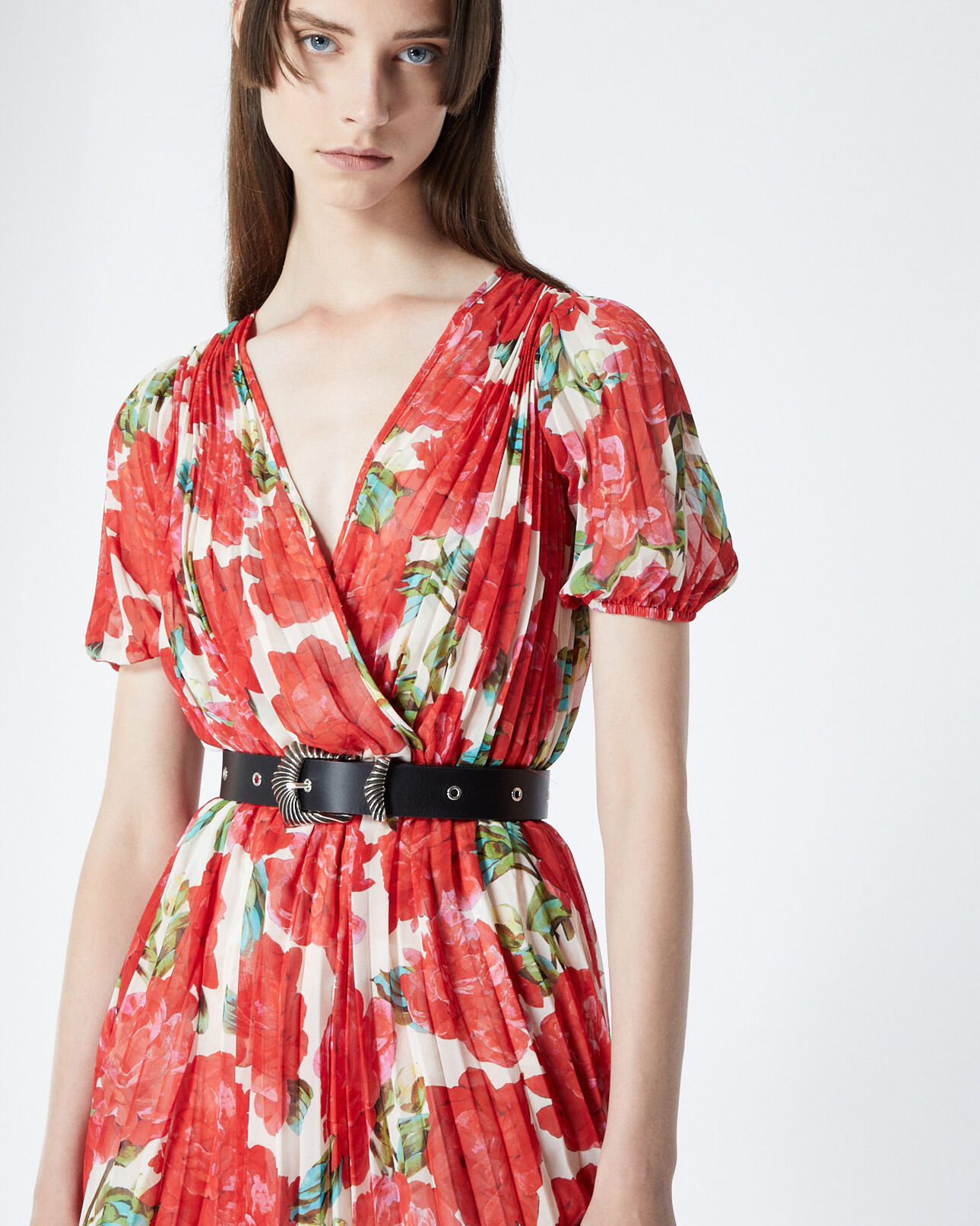 The Kooples FEMME ECRU RED robe plissée imprimée fleurs rouges