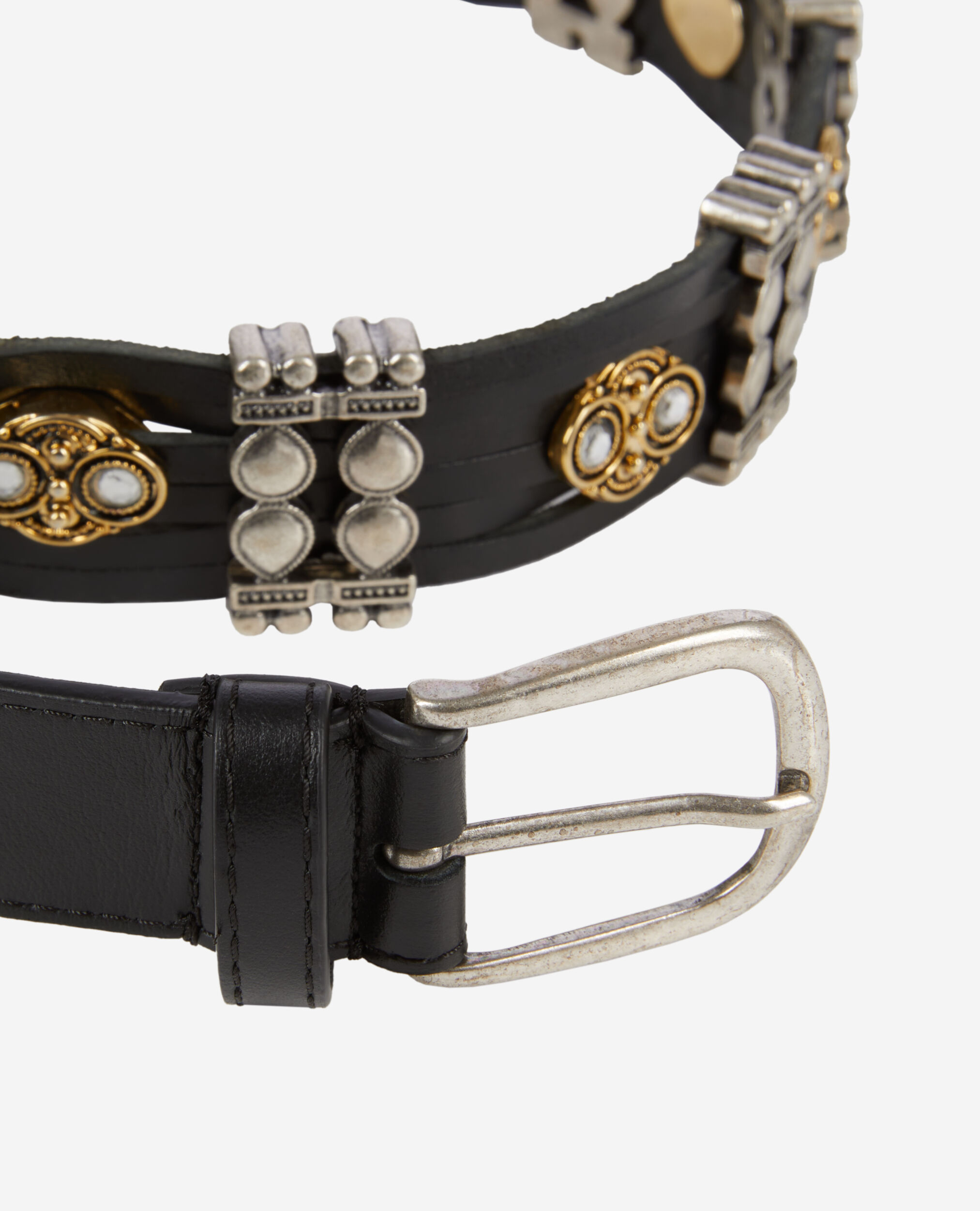 Thin black leather belt with embellishments, BLACK, hi-res image number null