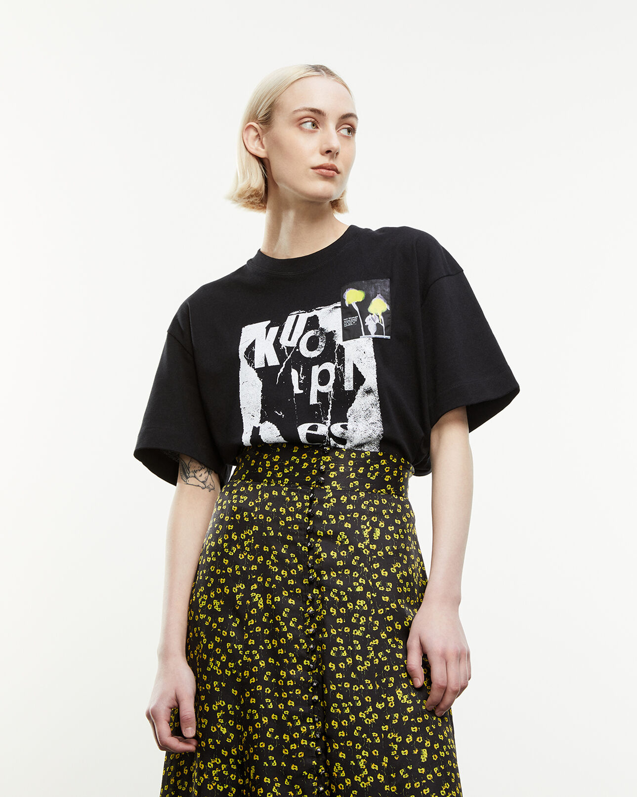 The Kooples WOMEN BLACK organic black cotton t-shirt with motif