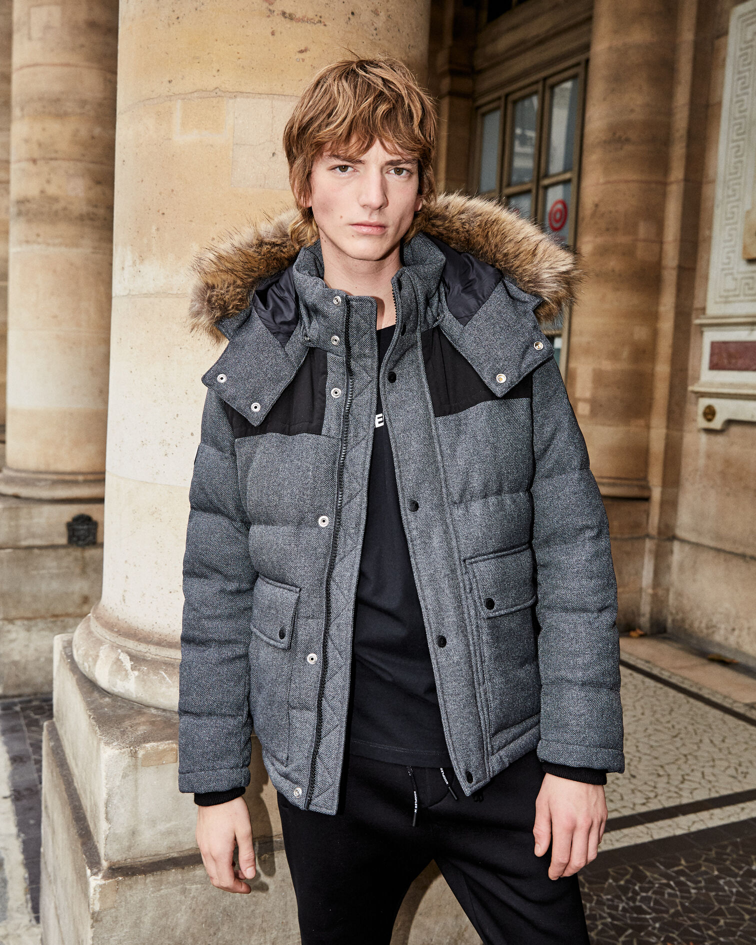gray nylon down jacket with hood - fur trim, LIGHT GREY MELANGE, hi-res image number null