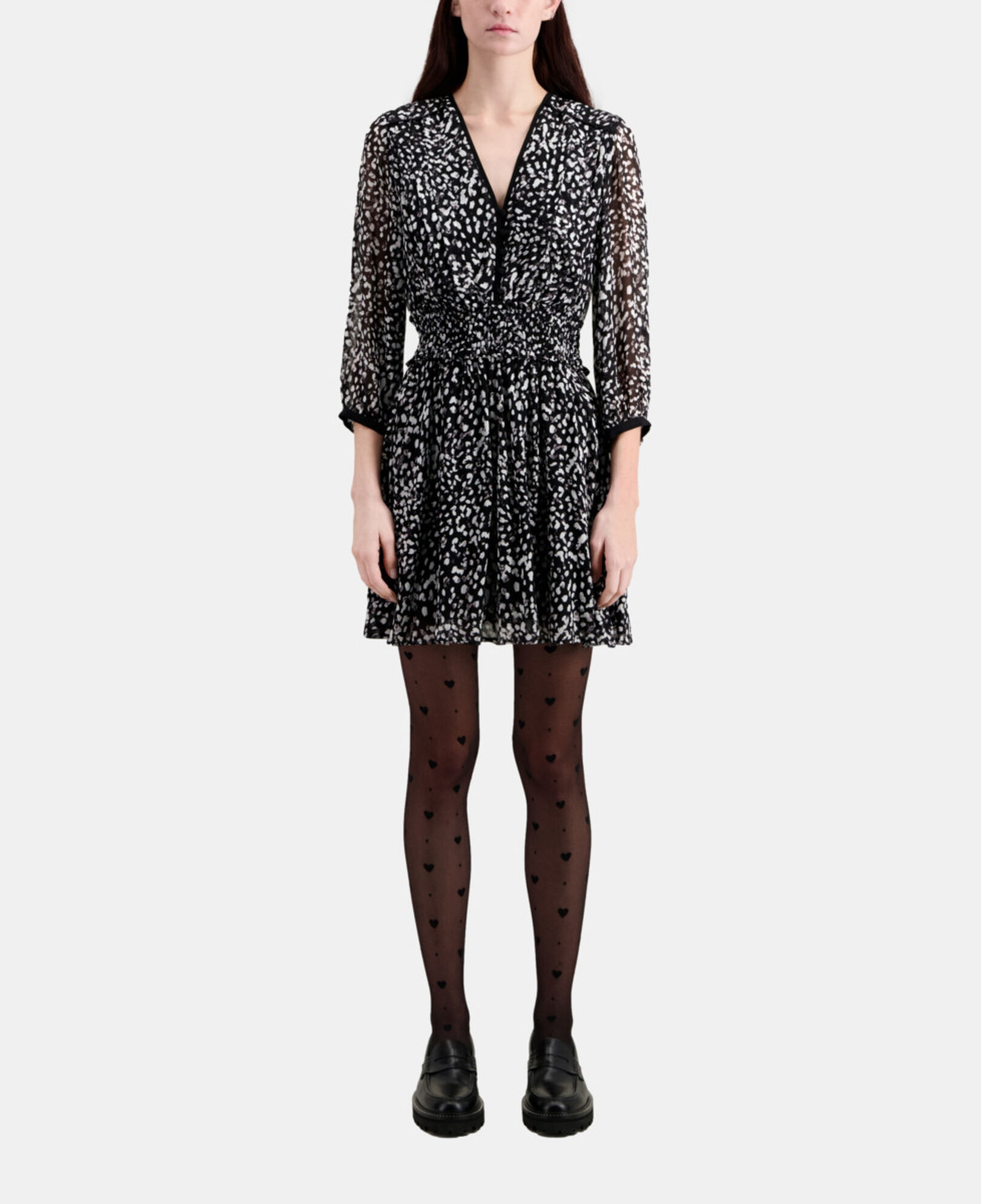 The Kooples WOMEN BLACK WHITE short printed dress with smocking