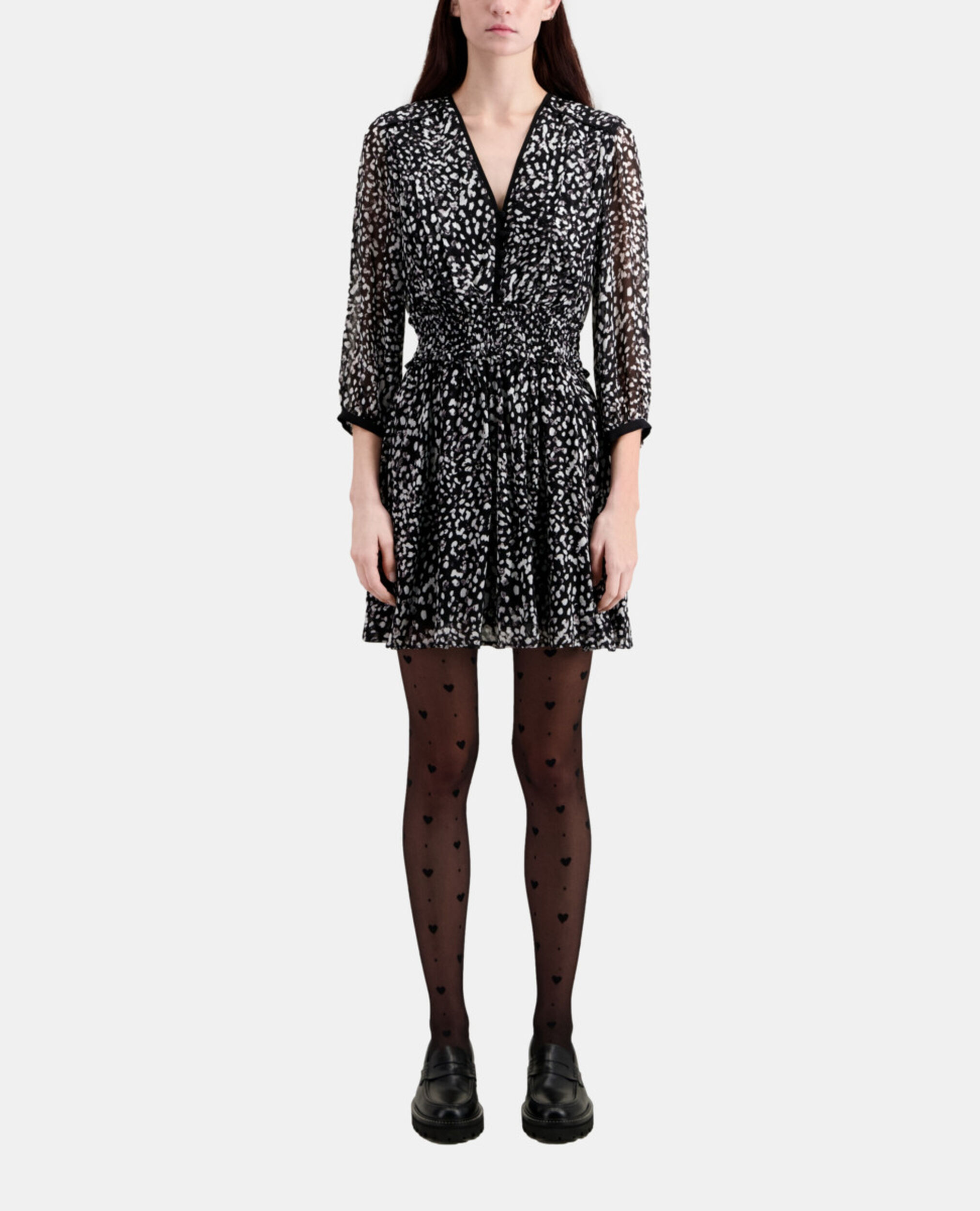 Short printed dress with smocking, BLACK WHITE, hi-res image number null