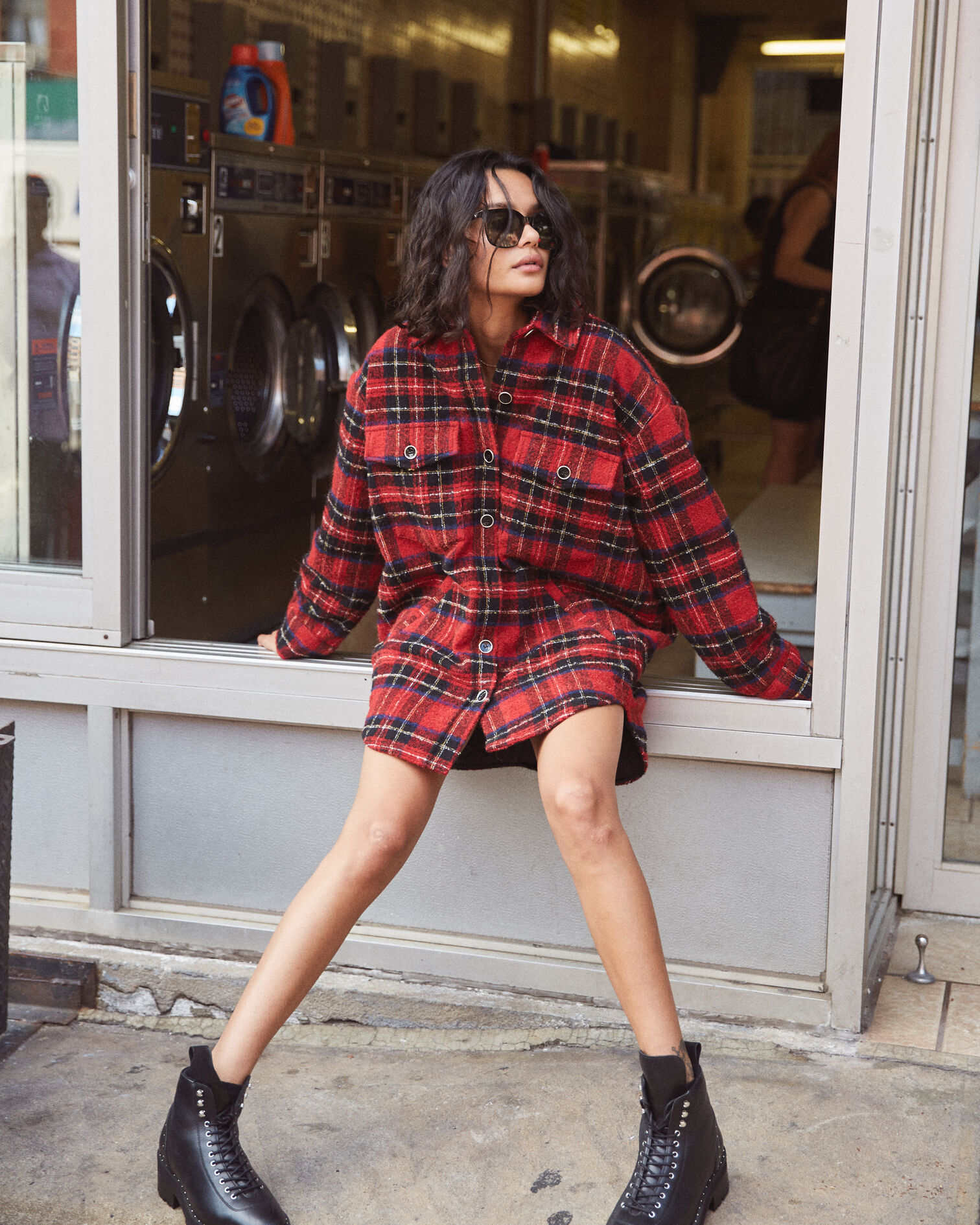 Manteau bi-matière à carreaux, BLACK - RED, hi-res image number null