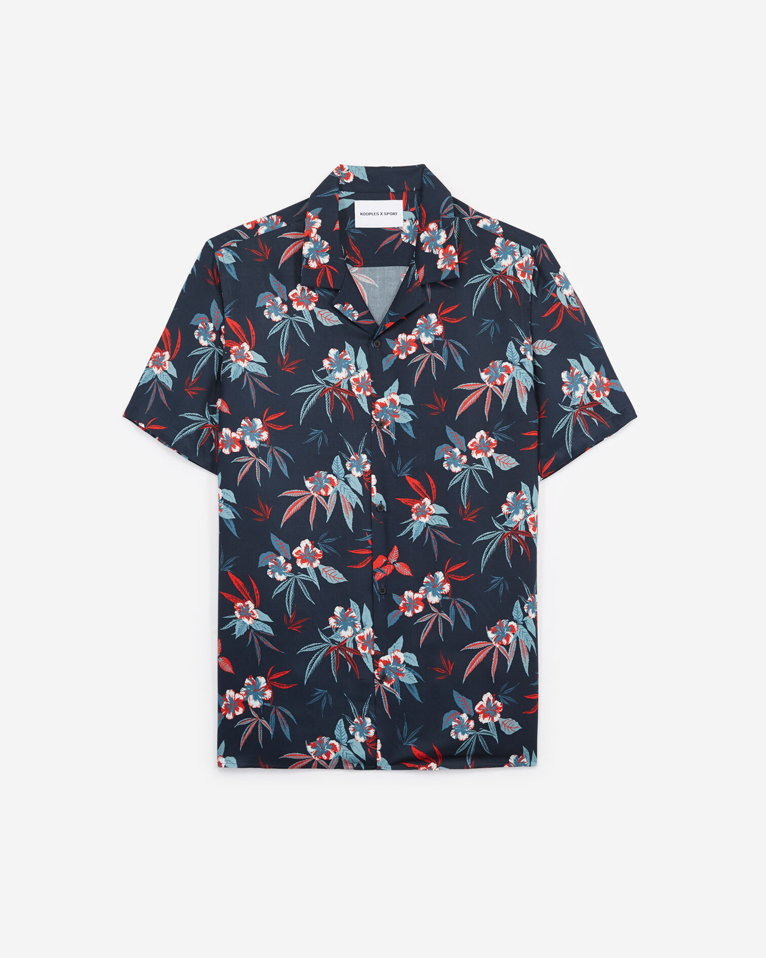 Blue short-sleeved shirt with floral print, NAVY / FIRE RED, hi-res image number null