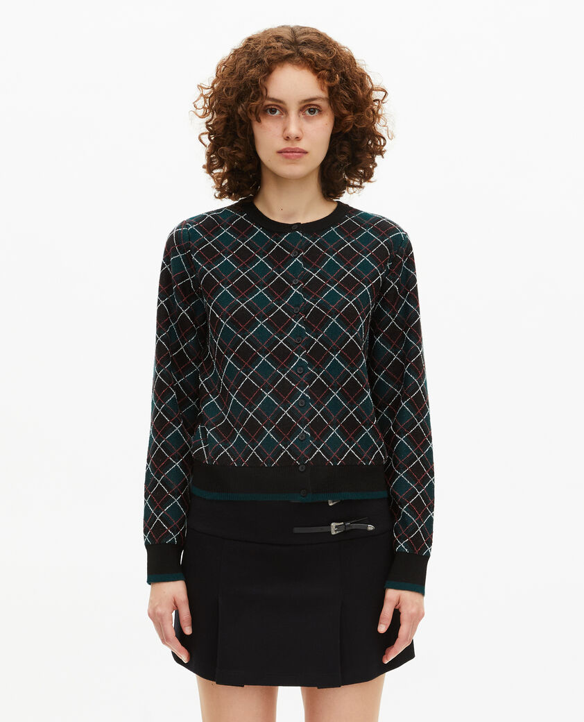 The Kooples DAMEN BLACK DARK GREEN schwarze karierte strickjacke