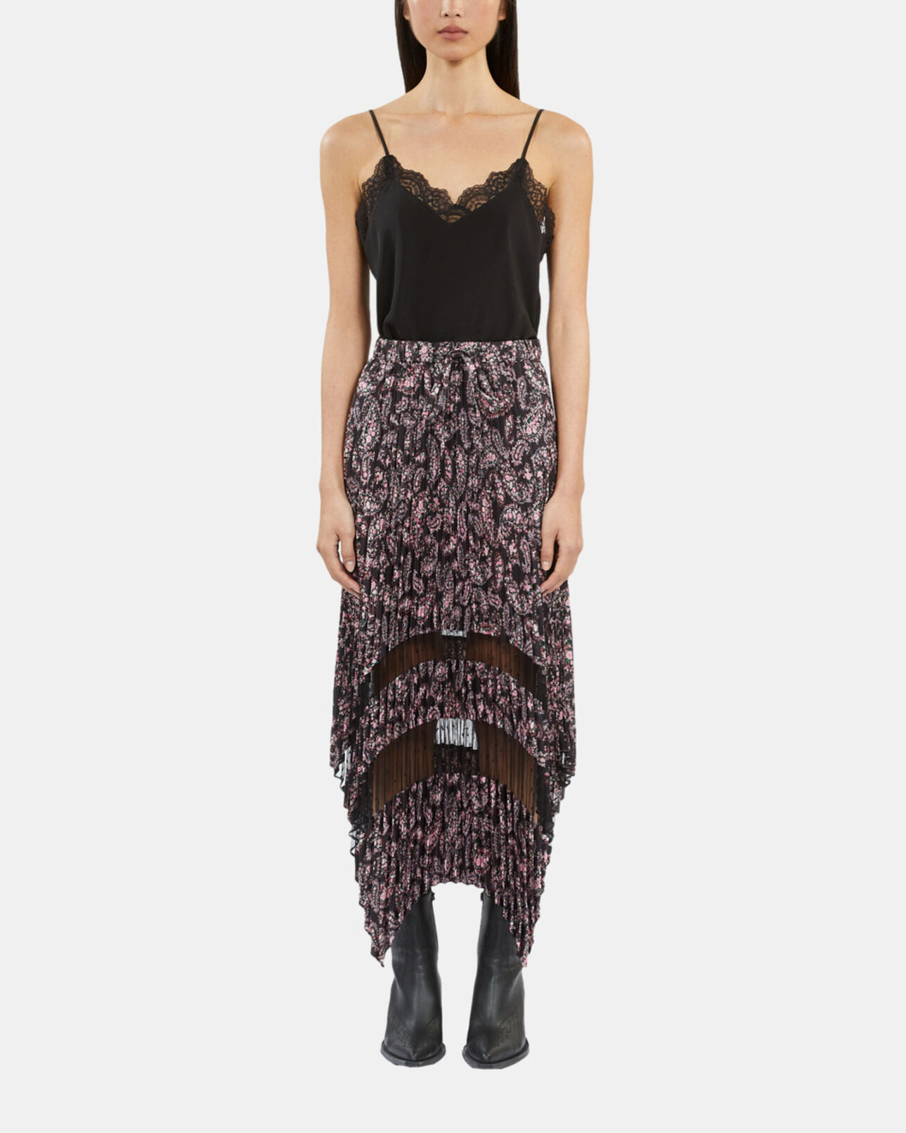 The Kooples WOMEN BLACK / PINK black and pink paisley print pleated long skirt with mesh inserts