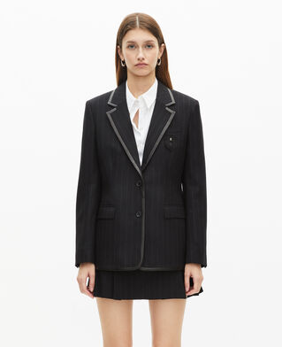 The Kooples FEMME BLACK veste à rayures tennis en laine mélangée noire