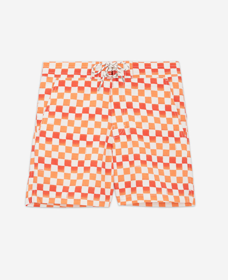swim shorts with red and orange check motif