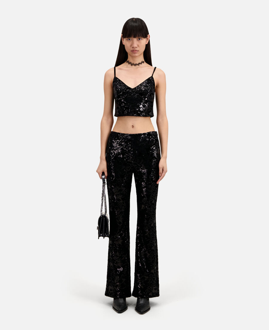 black velvet trousers with sequins