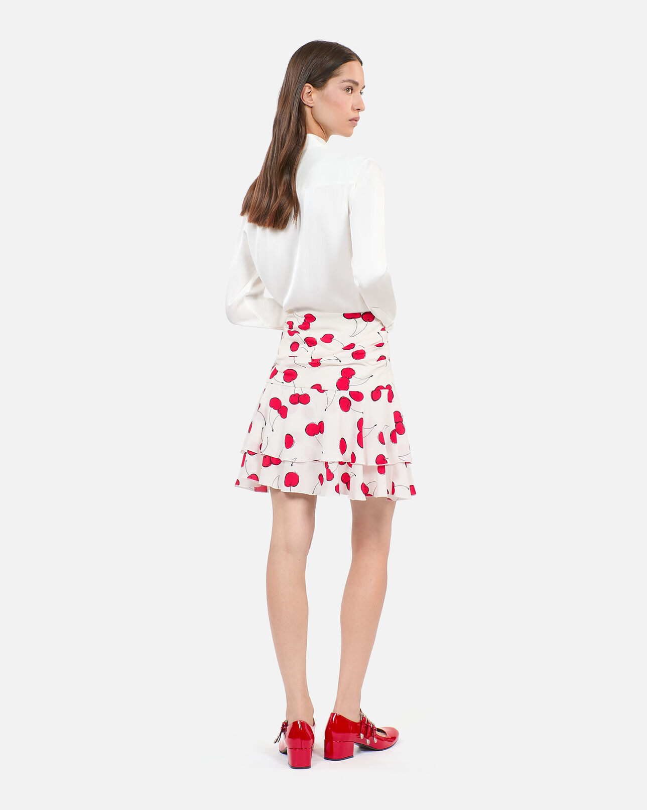 The Kooples FEMME ECRU RED jupe courte drapée avec imprimé cerise