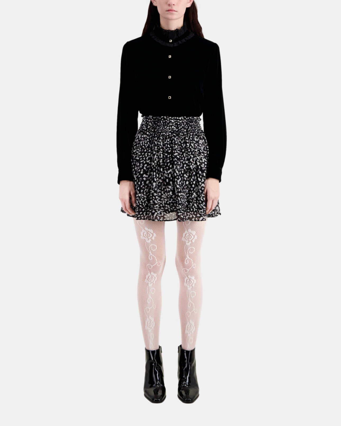 The Kooples WOMEN BLACK WHITE short printed skirt with smocking