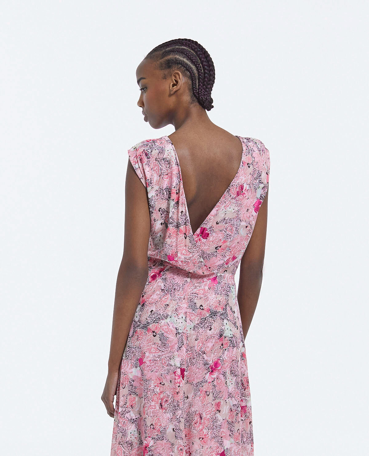 Pink long flowing dress with floral print The Kooples US