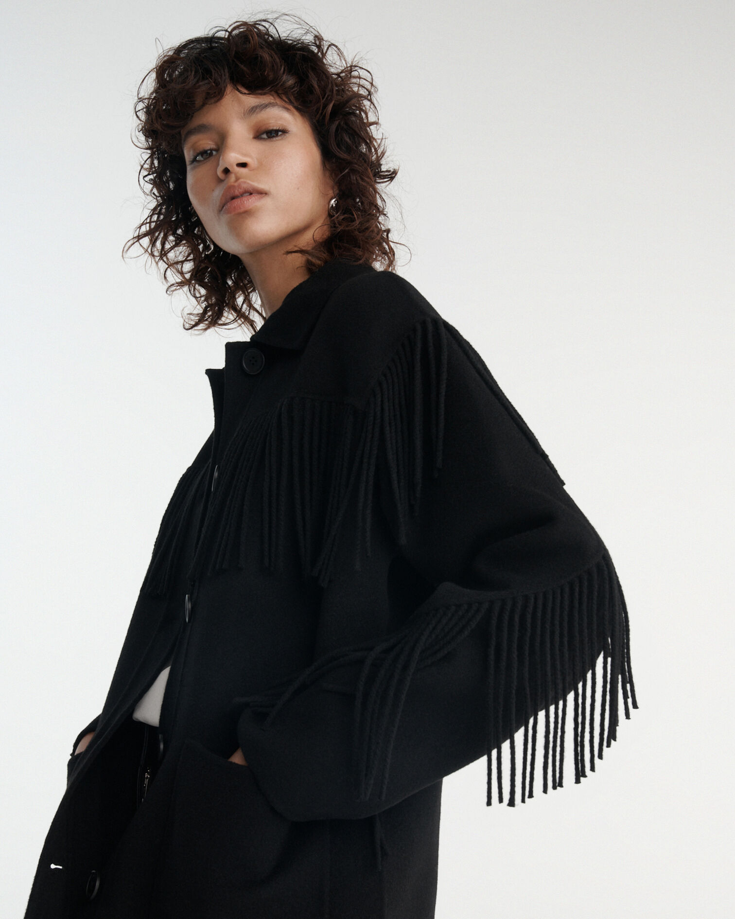 Black wool jacket with western-style fringing, BLACK, hi-res image number null