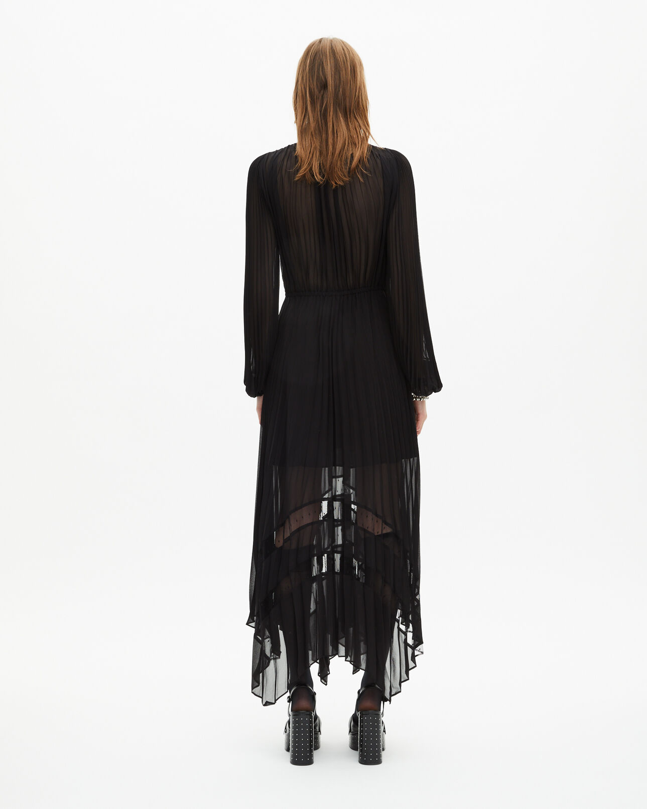 The Kooples FEMME BLACK robe longue plissée avec dentelle noire