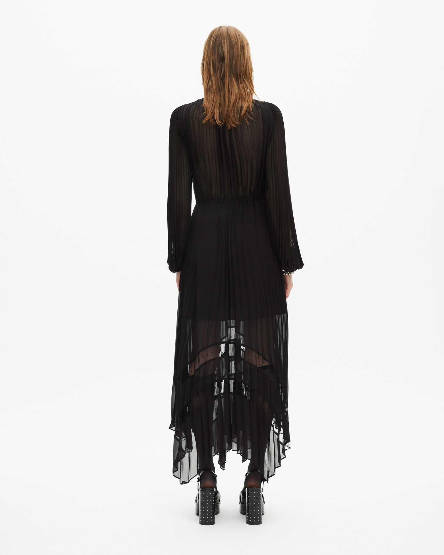 Robe longue plissée avec dentelle noire, BLACK, hi-res image number null