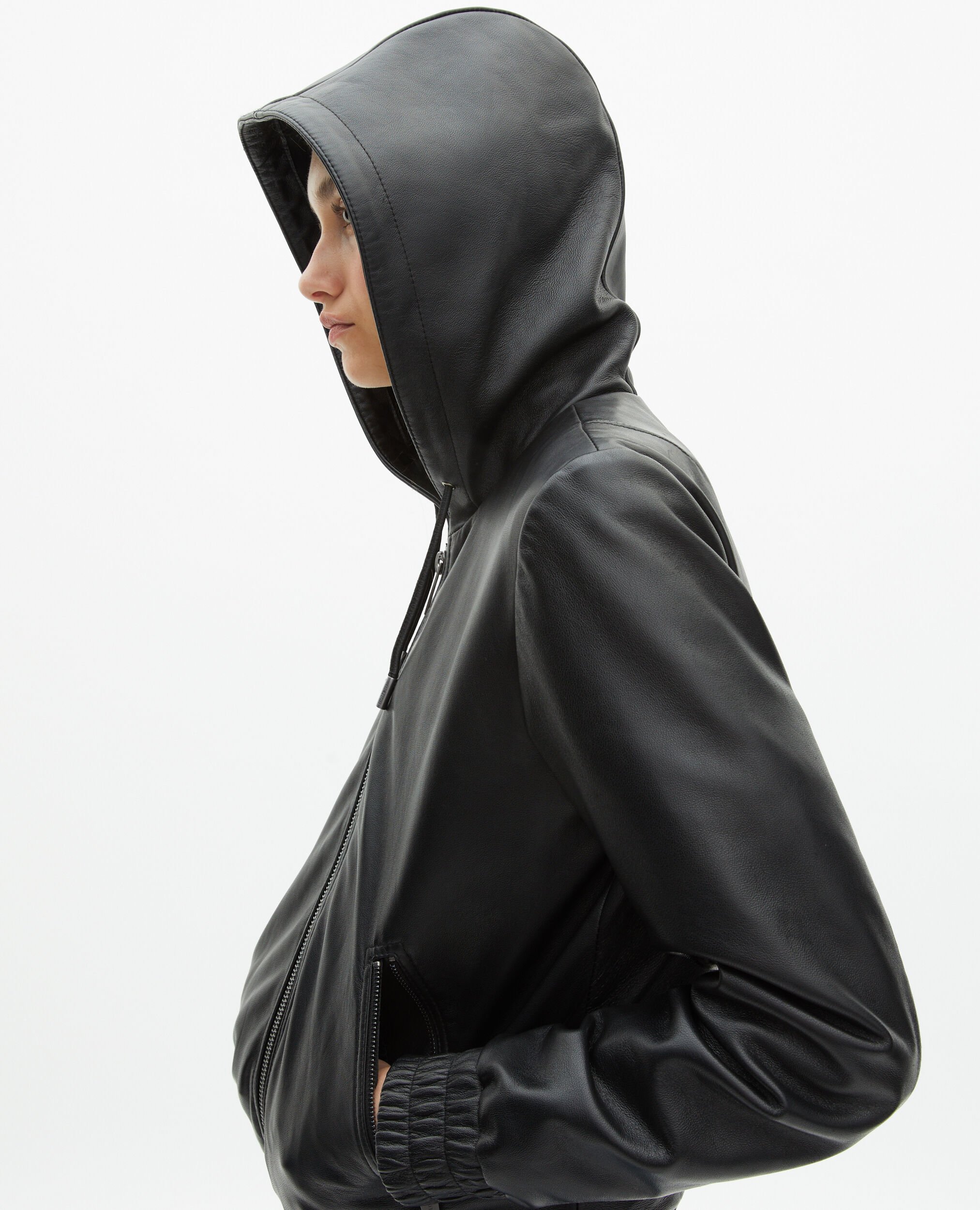 Blouson à capuche en cuir noir, BLACK, hi-res image number null