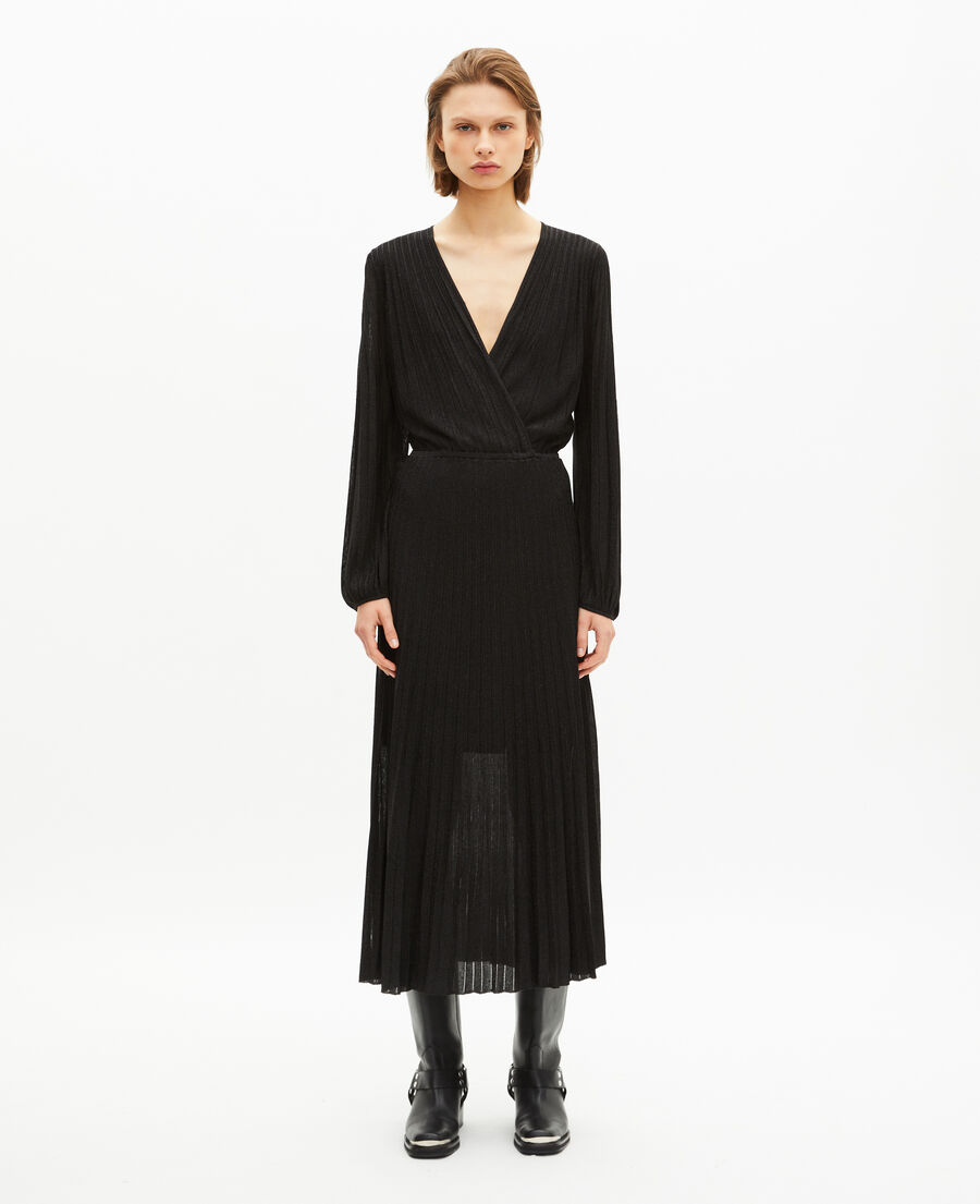 The Kooples DAMEN BLACK/BLACK SHINY langes, plissiertes kleid aus schwarzem lurex