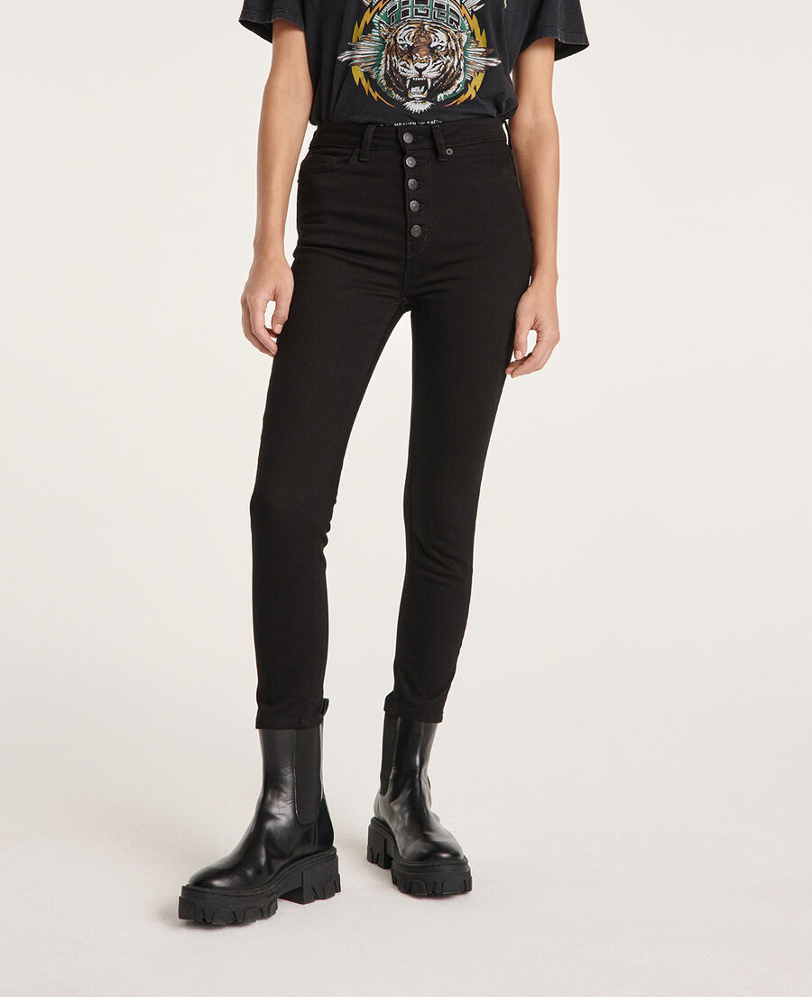 slim-fit black jeans with buttons